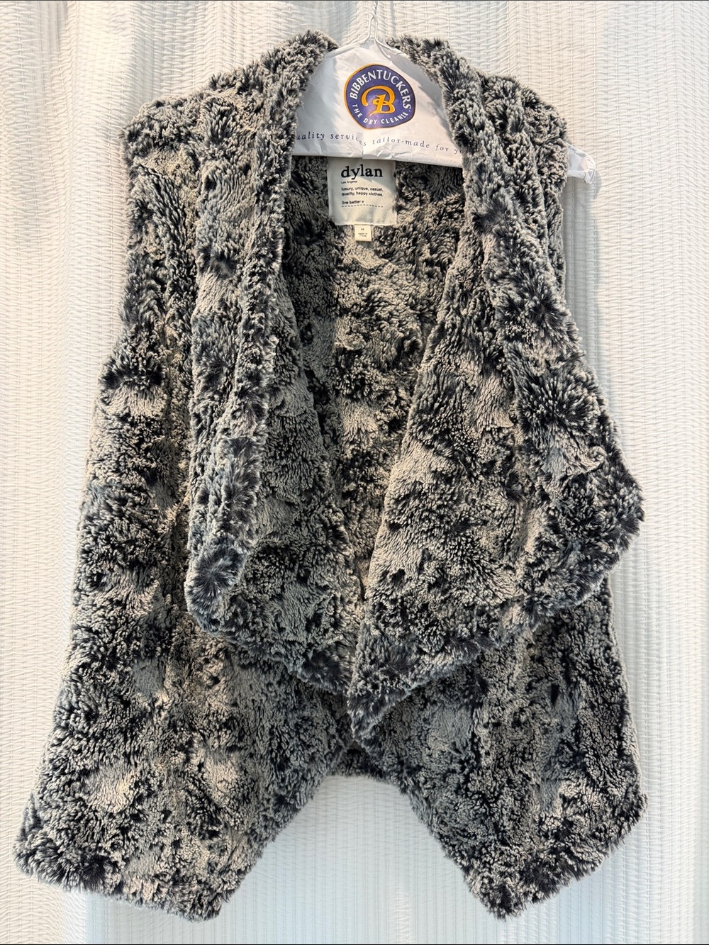 dylan Plush Faux Fur Open-Front Vest in Gray and Black